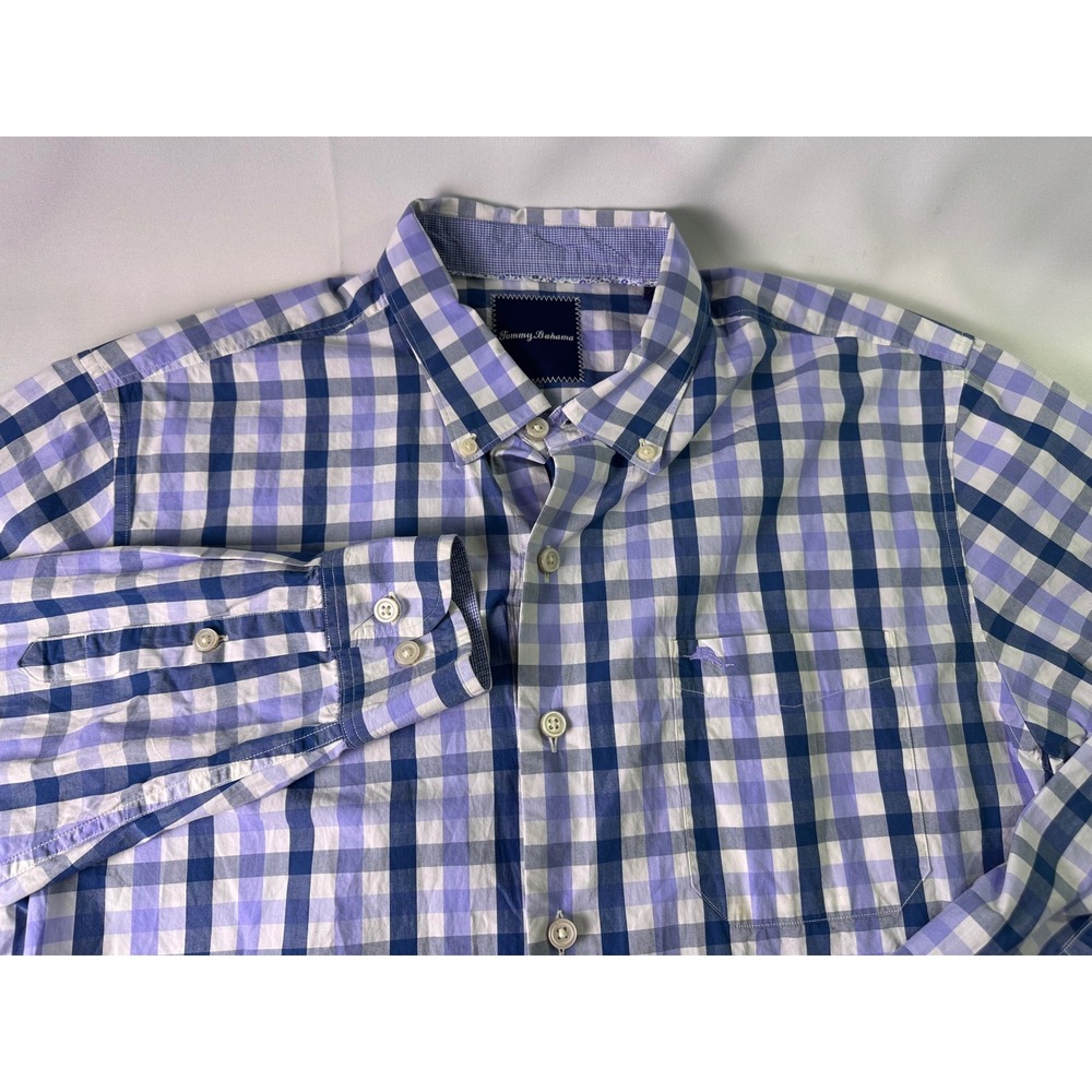 Tommy Bahama Mens Large Blue Plaid Long Sleeve Button Down Shirt Pima Cotton